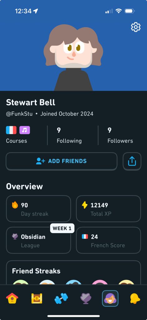 A user profile page in a language learning app showing Stewart Bell's stats including course badges, streak, total XP, league, and follower/following counts.
