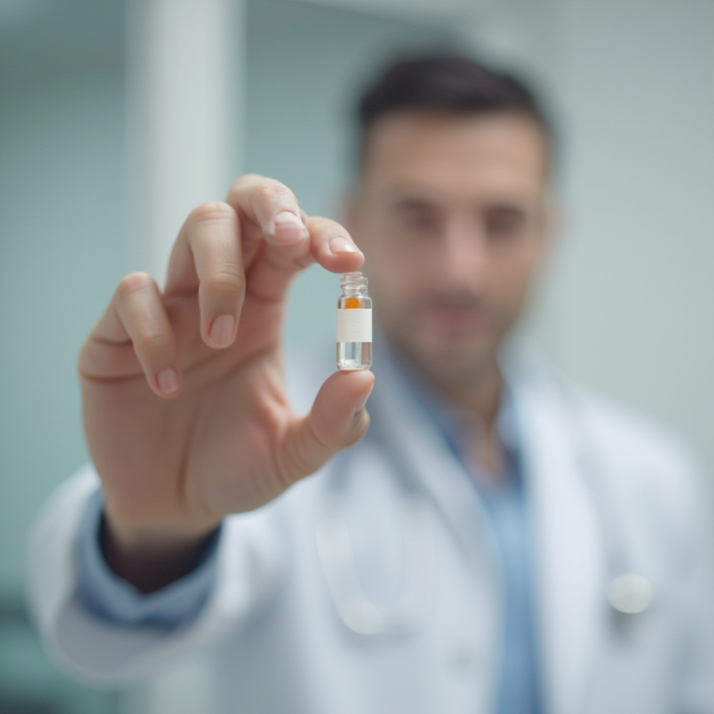 A doctor in a white coat holds a small vial of clear liquid up close to the camera in a clinical setting.