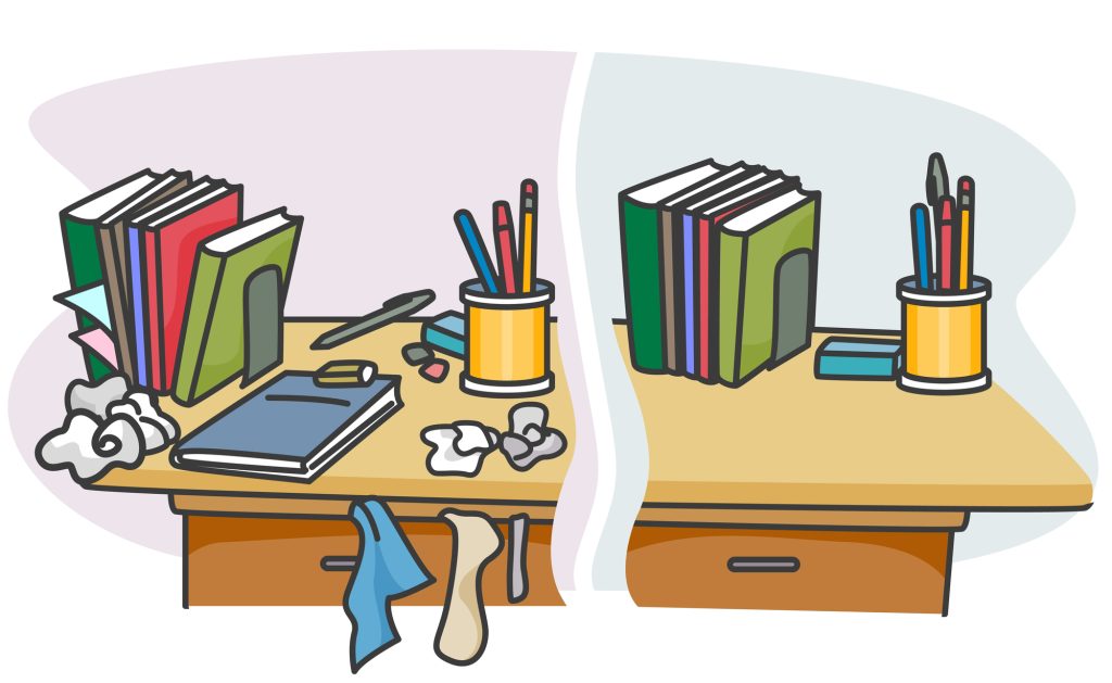 Two desks side by side: the left one is cluttered with books, pencils, papers, and trash, while the right one is tidy with neatly arranged items.