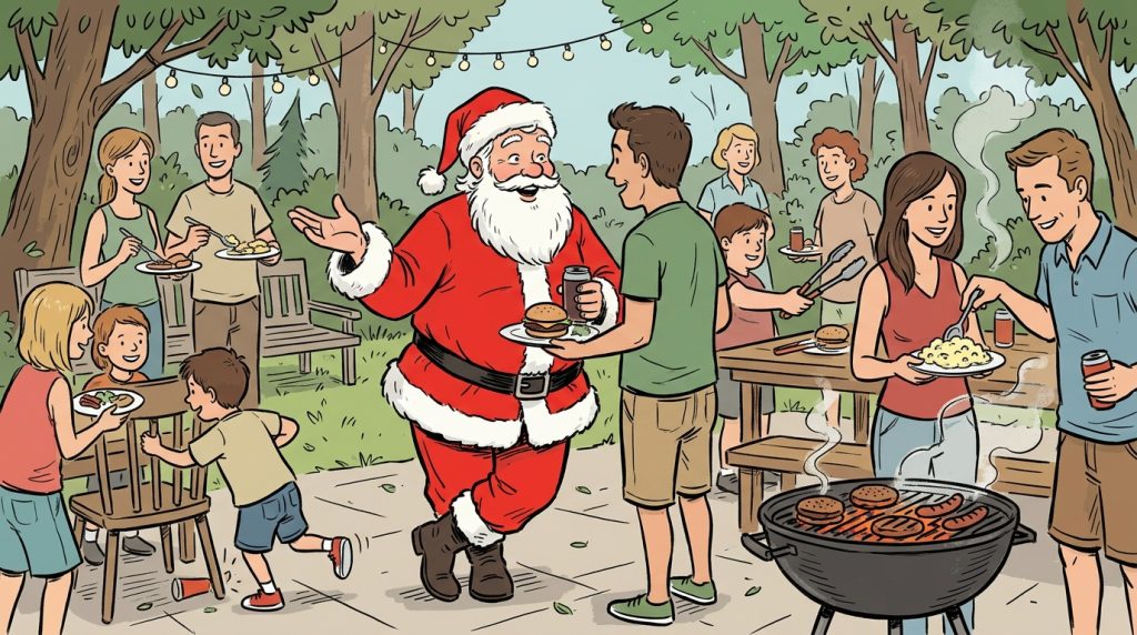 Santa Claus mingles with people at an outdoor barbecue, where adults and children eat, talk, and grill burgers under string lights in a park-like setting.