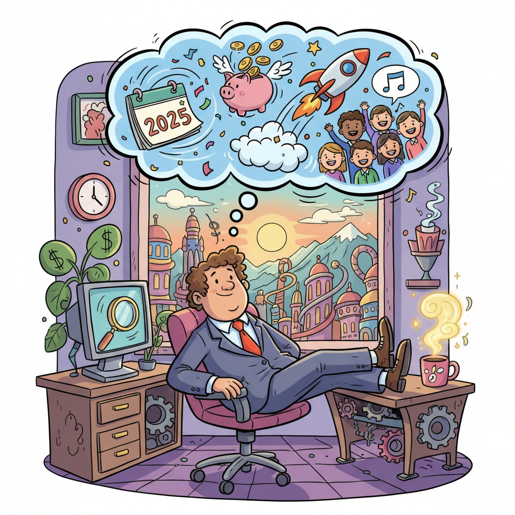 A businessperson relaxes at a desk, imagining future success in 2025 with money, a piggy bank, a rocket, and happy people, set in a colorful office with a city view at sunset.
