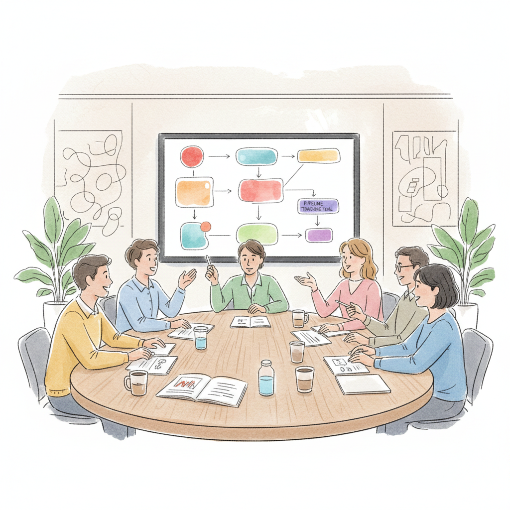 Six people sit around a table in a meeting room, discussing documents, with a flowchart displayed on a screen behind them.
