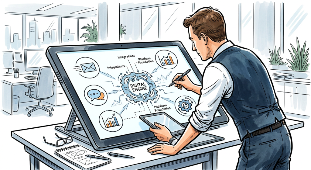 A man in business attire uses a stylus on a large digital touchscreen displaying a "Digital Engine" diagram with integration and platform icons in a modern office setting.