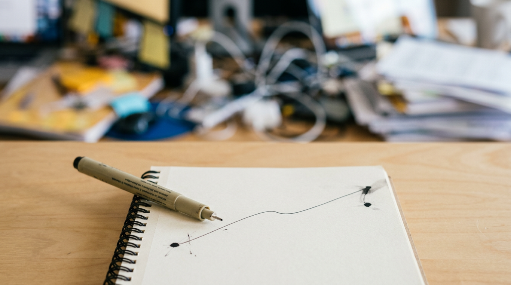A pen rests on an open spiral notebook with a line and ink marks drawn on the page; a cluttered desk is visible in the background.