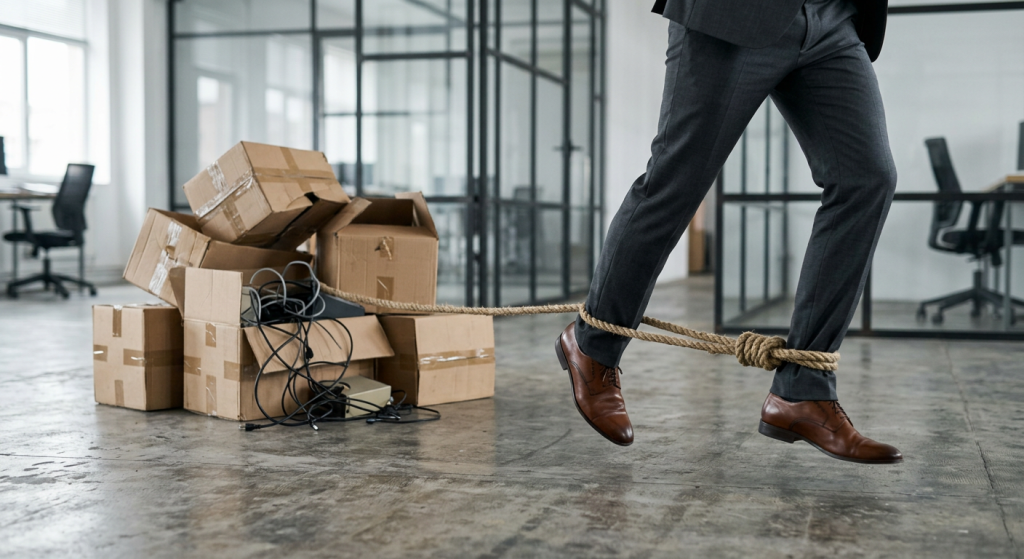 A person in a suit walks in an office, dragging a pile of cardboard boxes and tangled cables tied to their ankle with a rope.