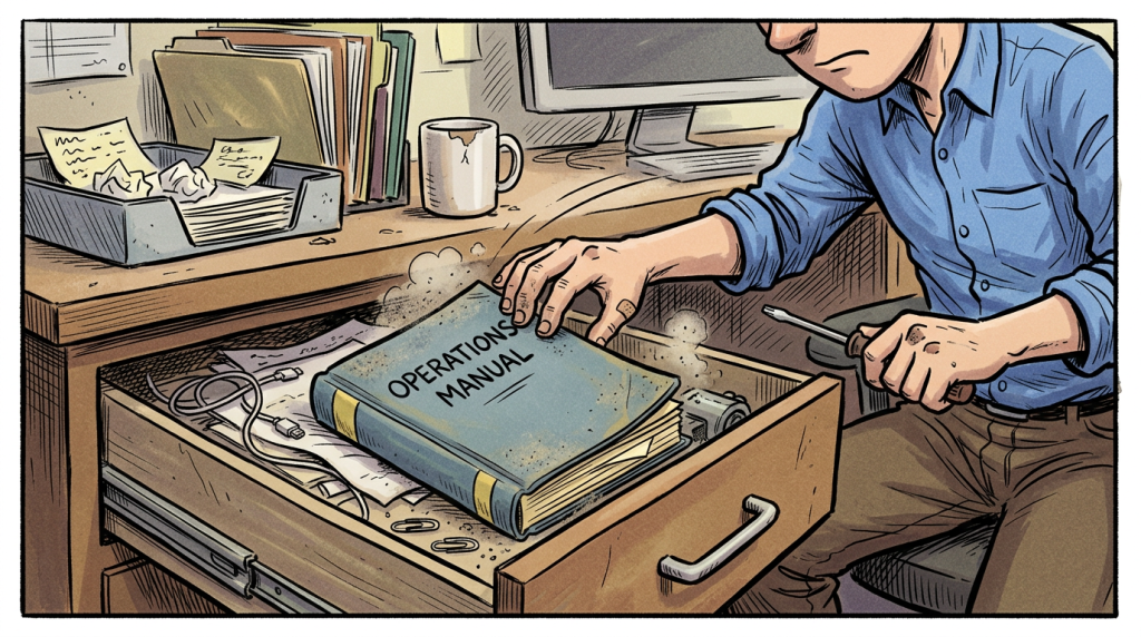 A person retrieves a dusty operations manual from a desk drawer, with scattered papers, a coffee mug, and a computer visible on the desk.