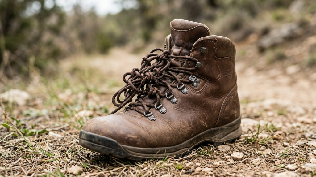 A single brown leather hiking boot with worn laces sits on a rocky dirt trail outdoors, surrounded by grass and blurred trees in the background.