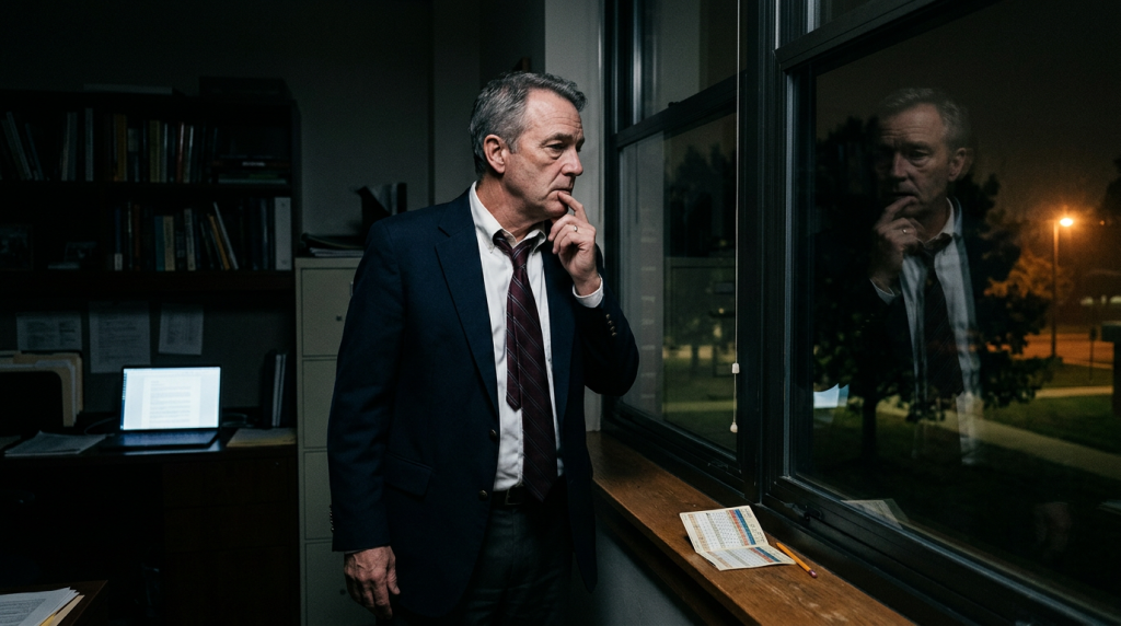 A man in a suit stands by an office window at night, looking outside thoughtfully with his hand on his chin; papers and a pen are on the windowsill.